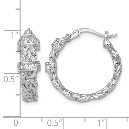 Sterling Silver Rhodium-plated Polished CZ Byzantine Link Round Hoop Earrings