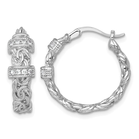 Sterling Silver Rhodium-plated Polished CZ Byzantine Link Round Hoop Earrings