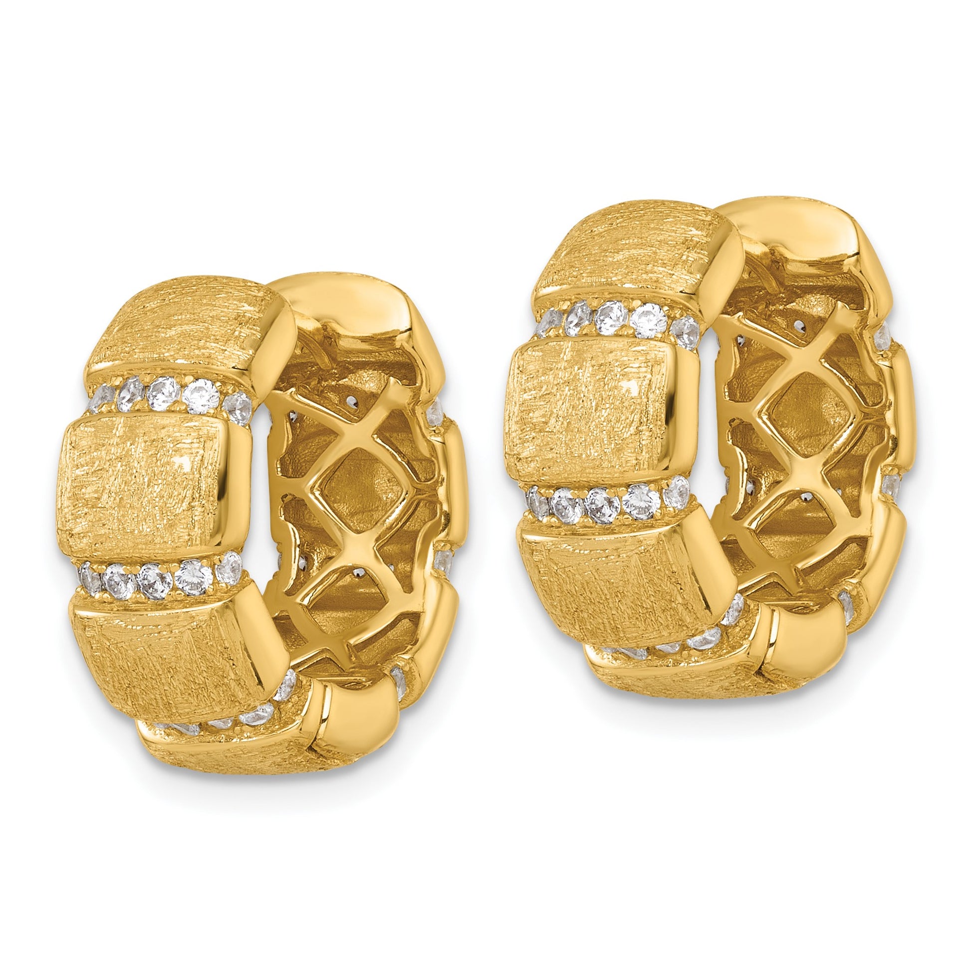Sterling Silver Gold-Tone Polished and Textured CZ 8.0mm Round Hinged Hoop Earrings