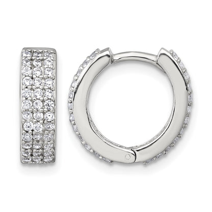 Sterling Silver Polished 16x4.5mm 3-Row CZ Hinged Round Hoop Earrings