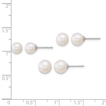 Sterling Silver Rhodium-plated 5-6mm/6-7mm/7-8mm Round White Freshwater Cultured Pearl Post Earring Set