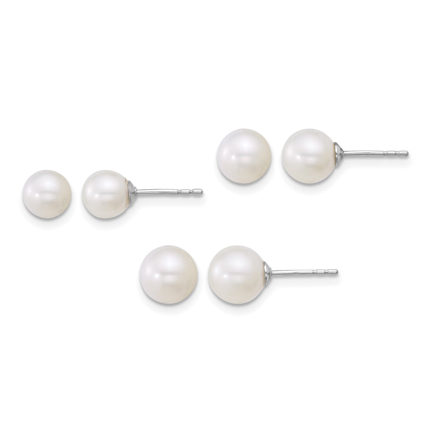 Sterling Silver Rhodium-plated 5-6mm/6-7mm/7-8mm Round White Freshwater Cultured Pearl Post Earring Set