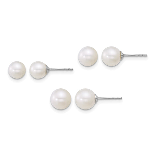 Sterling Silver Rhodium-plated 5-6mm/6-7mm/7-8mm Round White Freshwater Cultured Pearl Post Earring Set