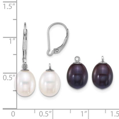 Sterling Silver Rhodium-plated 7-8mm Rice White and Black Freshwater Cultured Pearl 2-piece Enhancer and Leverback Earring Set