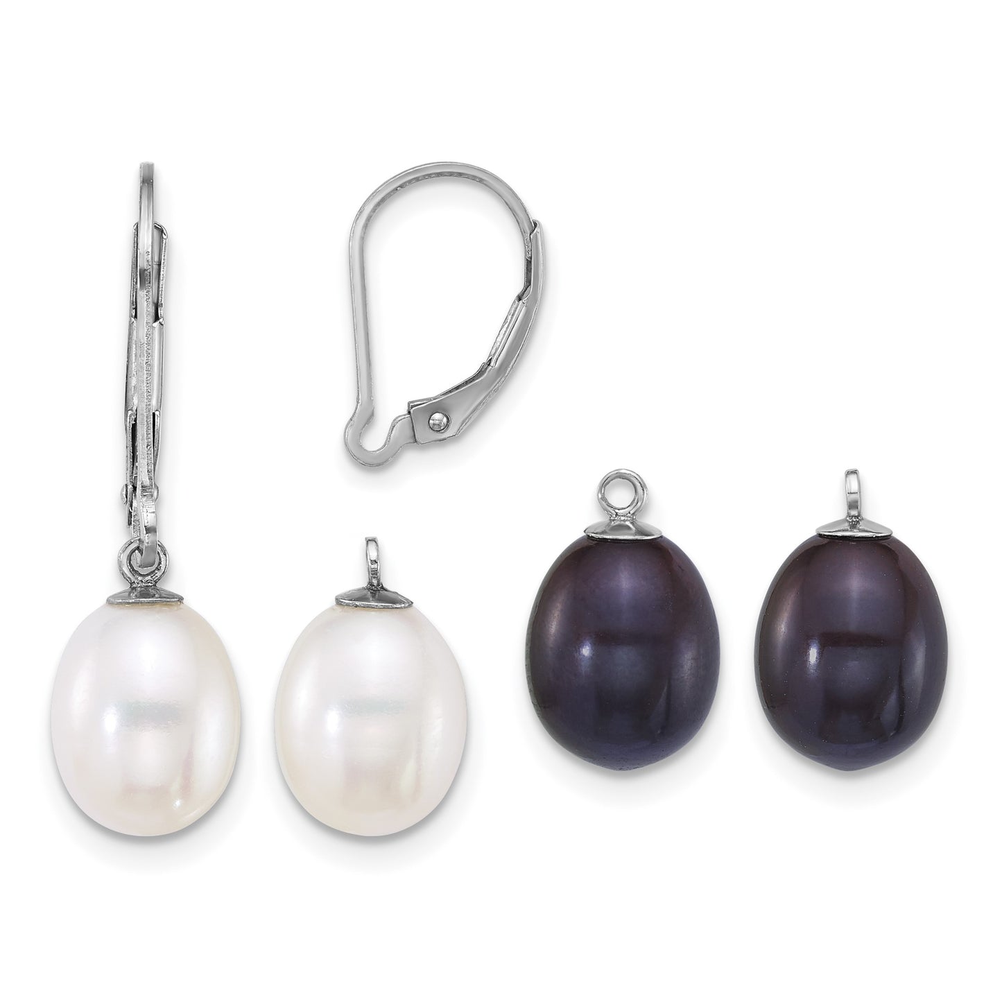 Sterling Silver Rhodium-plated 7-8mm Rice White and Black Freshwater Cultured Pearl 2-piece Enhancer and Leverback Earring Set