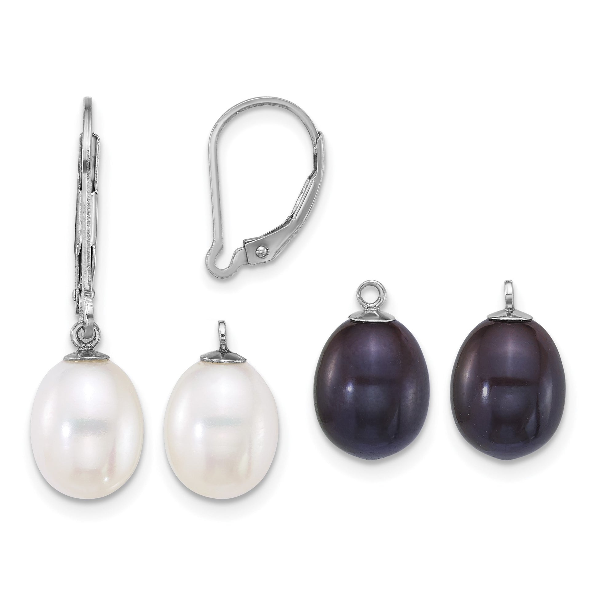 Sterling Silver Rhodium-plated 7-8mm Rice White and Black Freshwater Cultured Pearl 2-piece Enhancer and Leverback Earring Set