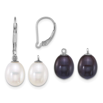 Sterling Silver Rhodium-plated 7-8mm Rice White and Black Freshwater Cultured Pearl 2-piece Enhancer and Leverback Earring Set