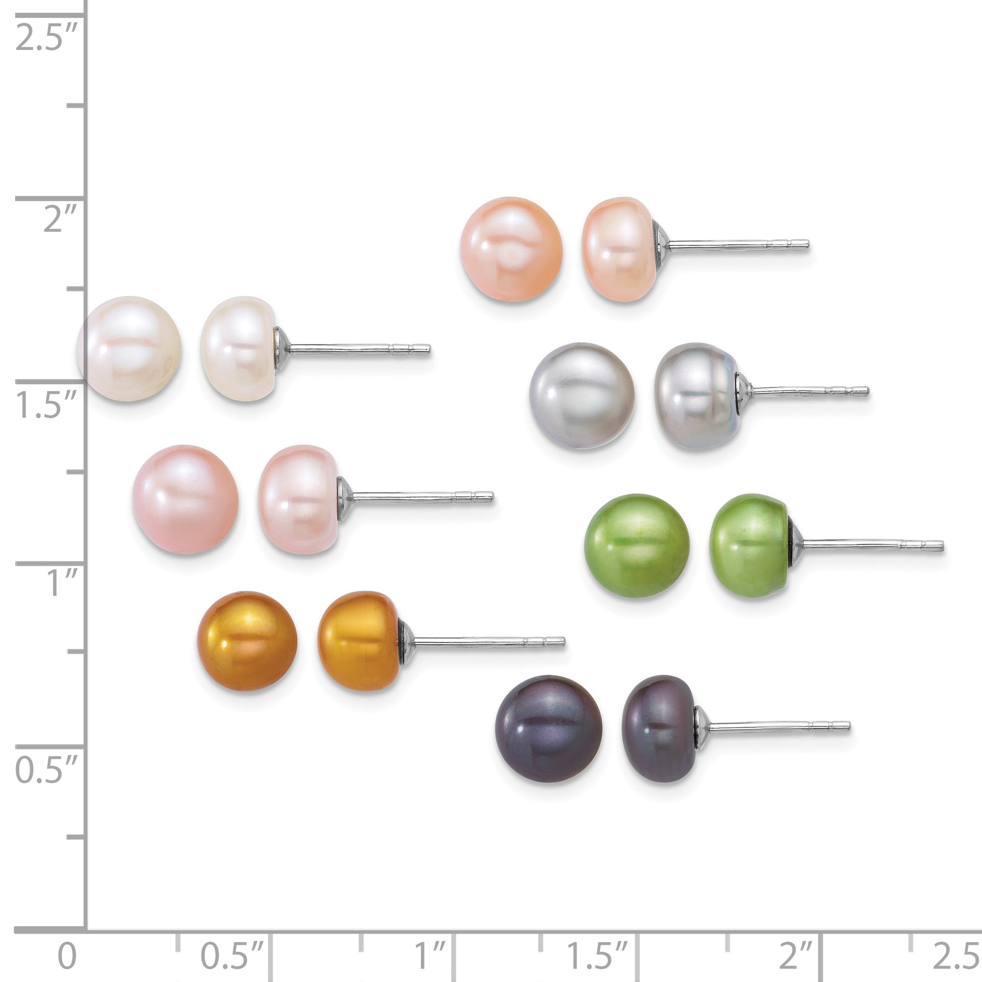 Sterling Silver Rhodium-plated 7-8mm Button White/Pink/Yellow/Peach/Grey/Green/Black Freshwater Cultured Pearl 7-Pair Boxed Post Earring Set