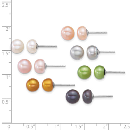 Sterling Silver Rhodium-plated 7-8mm Button White/Pink/Yellow/Peach/Grey/Green/Black Freshwater Cultured Pearl 7-Pair Boxed Post Earring Set