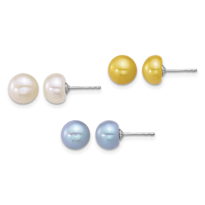 Sterling Silver Rhodium-plated 7-8mm Button White/Yellow/Blue Freshwater Cultured Pearl 3-Pair Boxed Post Earring Set