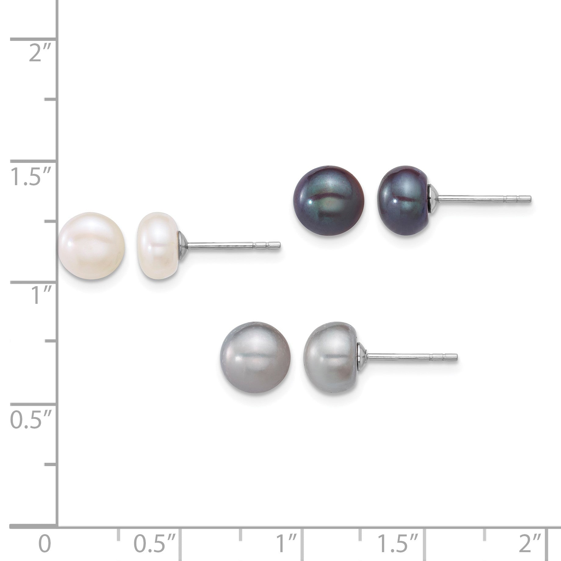 Sterling Silver Rhodium-plated 7-8mm Button White/Grey/Black Freshwater Cultured Pearl 3-Pair Boxed Post Earring Set