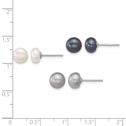 Sterling Silver Rhodium-plated 7-8mm Button White/Grey/Black Freshwater Cultured Pearl 3-Pair Boxed Post Earring Set