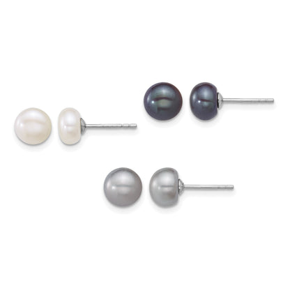Sterling Silver Rhodium-plated 7-8mm Button White/Grey/Black Freshwater Cultured Pearl 3-Pair Boxed Post Earring Set
