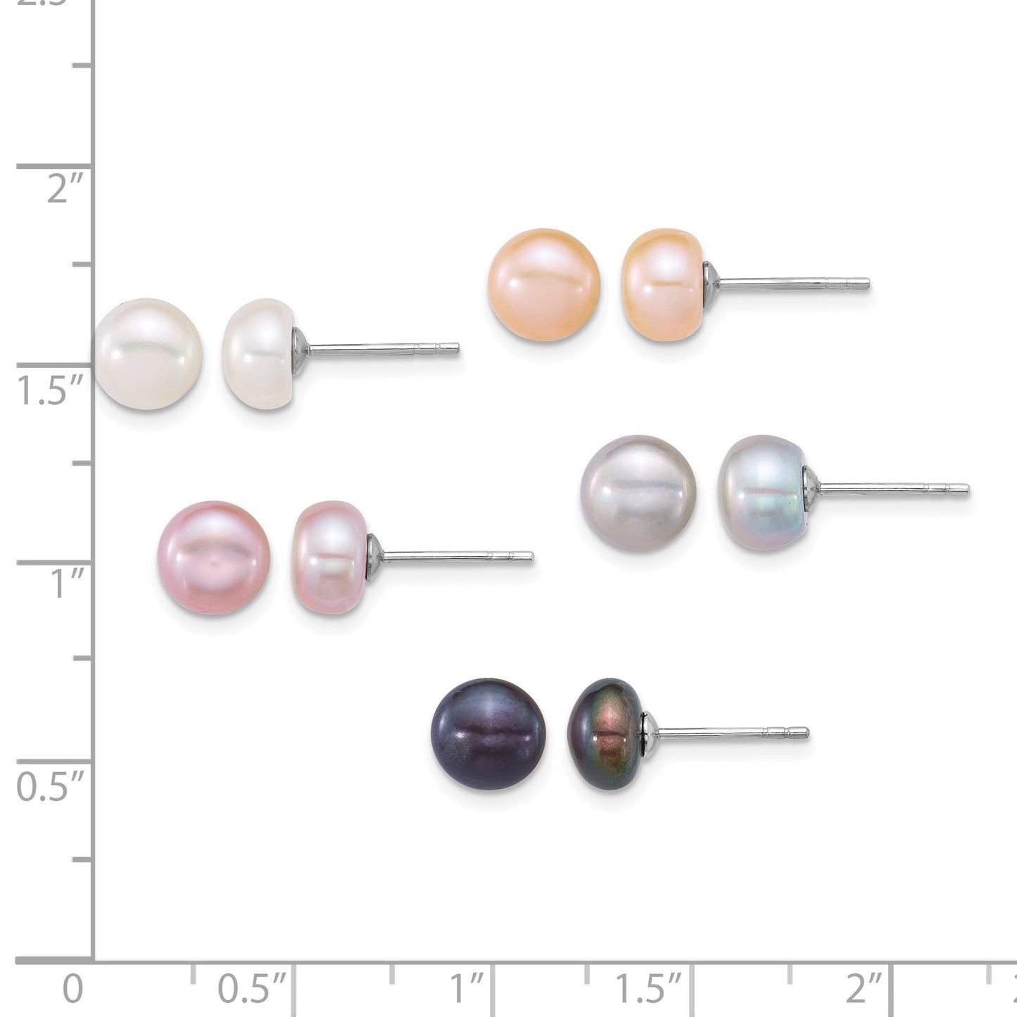 Sterling Silver Rhodium-plated 7-8mm Button White/Pink/Peach/Grey/Black Freshwater Cultured Pearl 5-Pair Boxed Earring Set