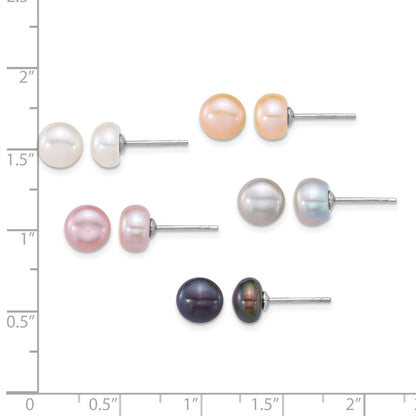Sterling Silver Rhodium-plated 7-8mm Button White/Pink/Peach/Grey/Black Freshwater Cultured Pearl 5-Pair Boxed Earring Set