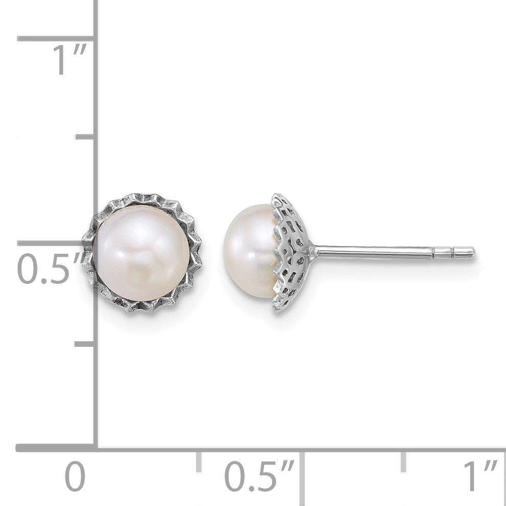 Sterling Silver Rhodium-plated 6-7mm Button White Freshwater Cultured Pearl Zig-Zag Edge Post Earrings