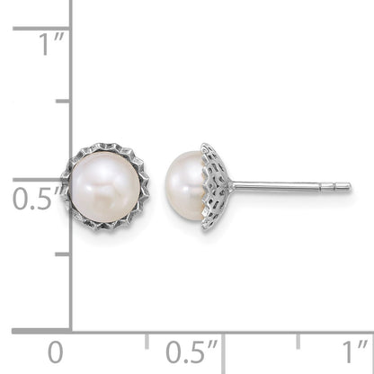 Sterling Silver Rhodium-plated 6-7mm Button White Freshwater Cultured Pearl Zig-Zag Edge Post Earrings