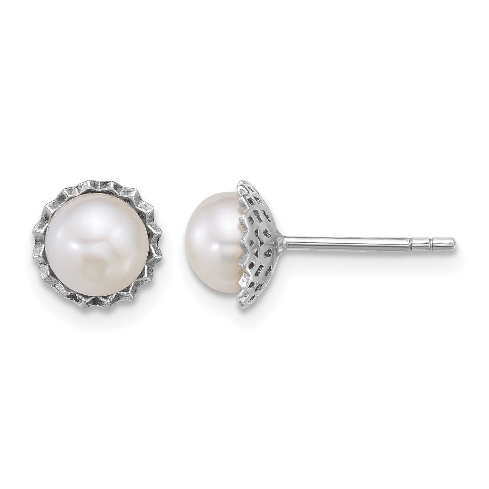 Sterling Silver Rhodium-plated 6-7mm Button White Freshwater Cultured Pearl Zig-Zag Edge Post Earrings