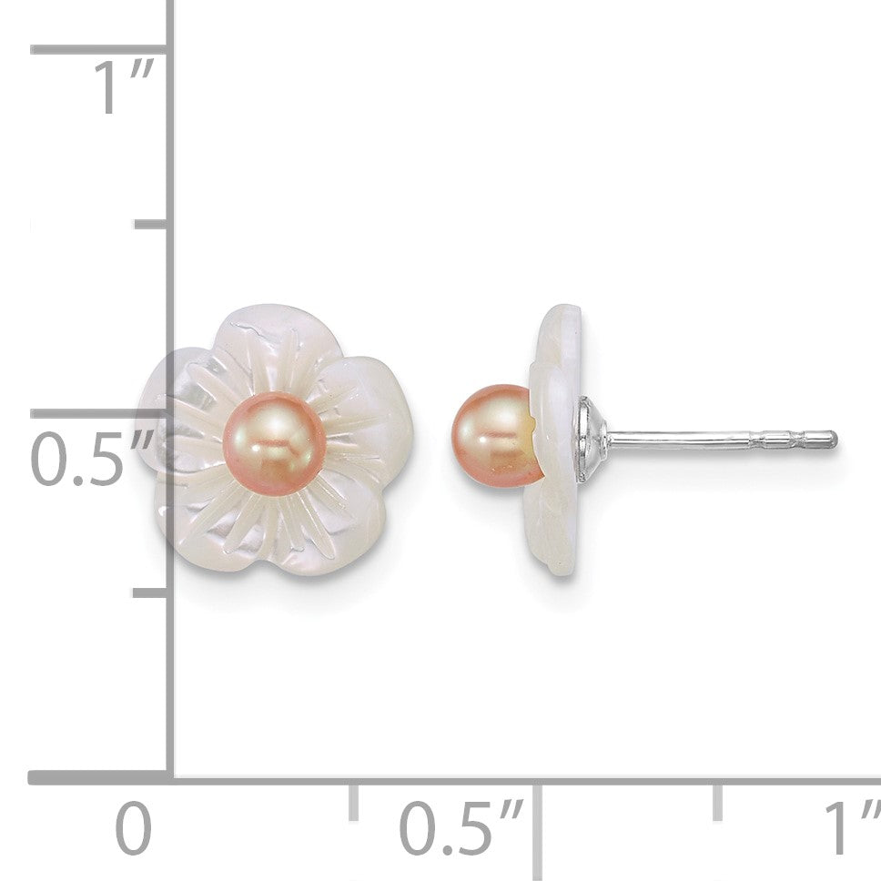 Sterling Silver Rhodium-plated 3-4mm Pink Round Freshwater Cultured Pearl and White Mother of Pearl Flower Post Earrings