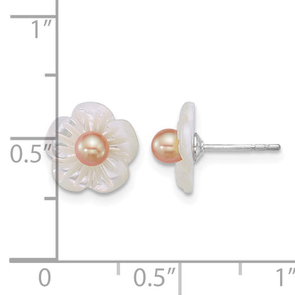 Sterling Silver Rhodium-plated 3-4mm Pink Round Freshwater Cultured Pearl and White Mother of Pearl Flower Post Earrings
