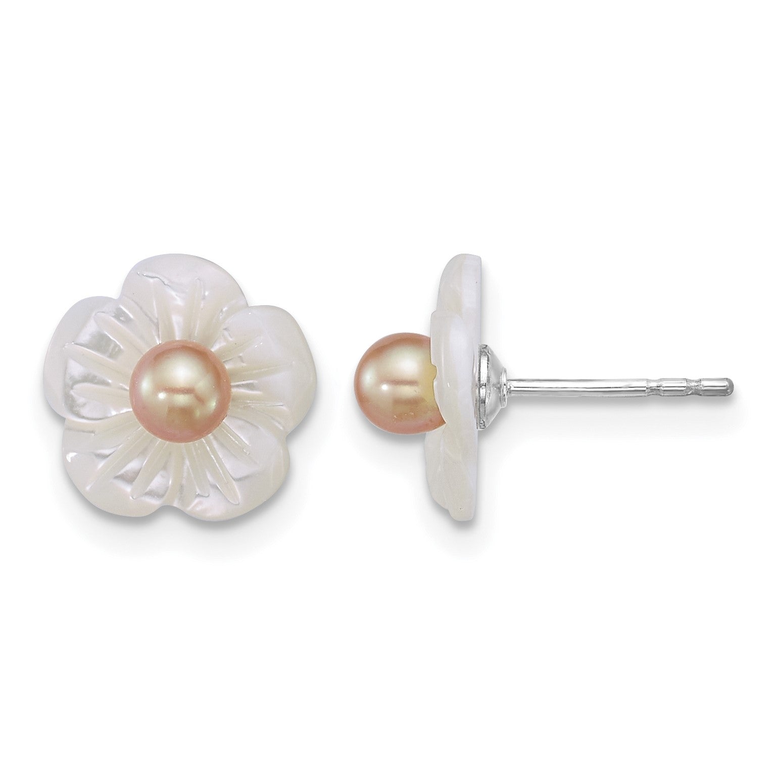 Sterling Silver Rhodium-plated 3-4mm Pink Round Freshwater Cultured Pearl and White Mother of Pearl Flower Post Earrings