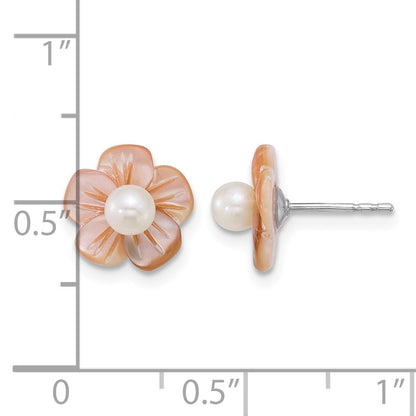 Sterling Silver Rhodium-plated 3-4mm White Round Freshwater Cultured Pearl and Pink Mother of Pearl Flower Post Earrings