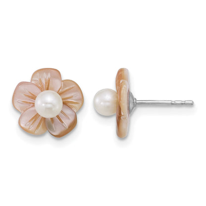 Sterling Silver Rhodium-plated 3-4mm White Round Freshwater Cultured Pearl and Pink Mother of Pearl Flower Post Earrings