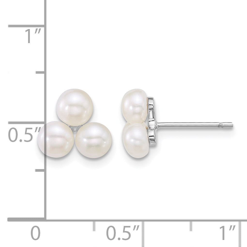 Sterling Silver Rhodium-plated 5-6mm Button White Freshwater Cultured 3-Pearl Post Earrings