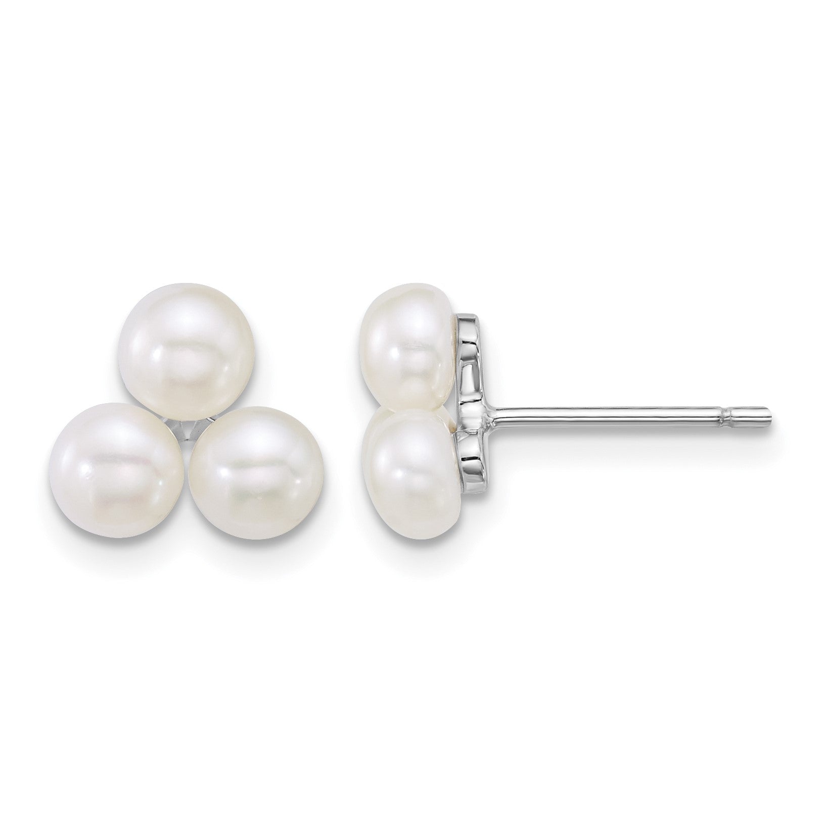 Sterling Silver Rhodium-plated 5-6mm Button White Freshwater Cultured 3-Pearl Post Earrings