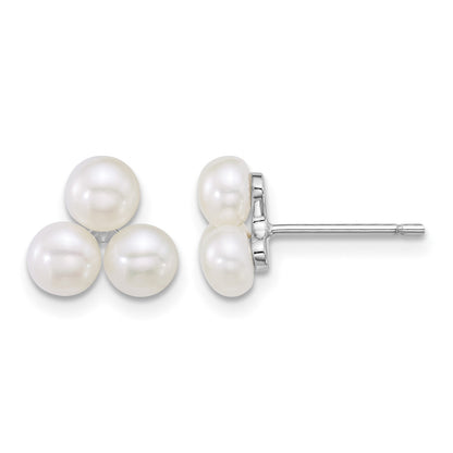 Sterling Silver Rhodium-plated 5-6mm Button White Freshwater Cultured 3-Pearl Post Earrings
