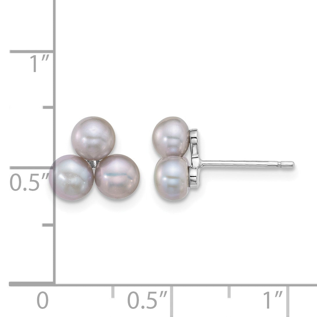 Sterling Silver Rhodium-plated 5-6mm Button Grey Freshwater Cultured 3-Pearl Post Earrings