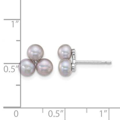 Sterling Silver Rhodium-plated 5-6mm Button Grey Freshwater Cultured 3-Pearl Post Earrings