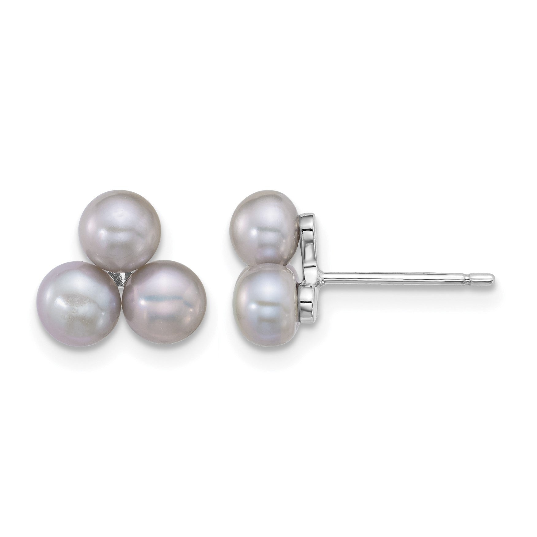 Sterling Silver Rhodium-plated 5-6mm Button Grey Freshwater Cultured 3-Pearl Post Earrings