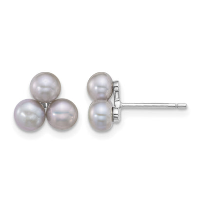 Sterling Silver Rhodium-plated 5-6mm Button Grey Freshwater Cultured 3-Pearl Post Earrings