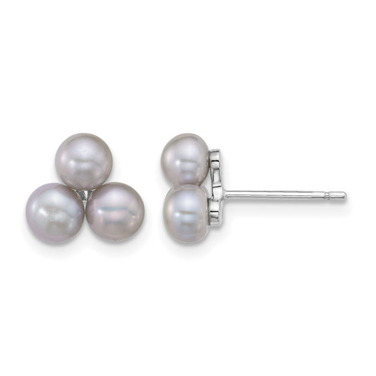 Sterling Silver Rhodium-plated 5-6mm Button Grey Freshwater Cultured 3-Pearl Post Earrings