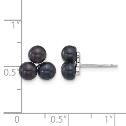 Sterling Silver Rhodium-plated 5-6mm Button Black Freshwater Cultured 3-Pearl Post Earrings