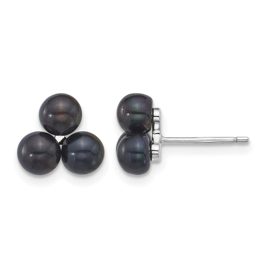 Sterling Silver Rhodium-plated 5-6mm Button Black Freshwater Cultured 3-Pearl Post Earrings