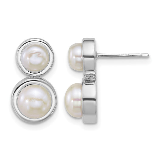 Sterling Silver Rhodium-plated 5-7mm Button White Freshwater Cultured 2-Pearl Post Earrings