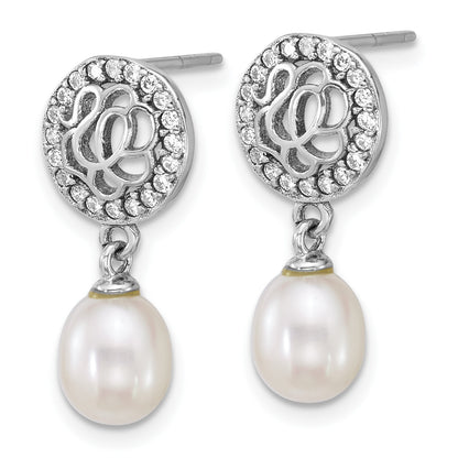 Sterling Silver Rhodium-plated 6-7mm Rice White Freshwater Cultured Pearl and CZ Dangle Post Earrings