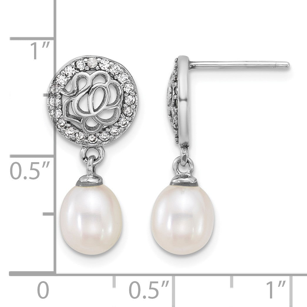 Sterling Silver Rhodium-plated 6-7mm Rice White Freshwater Cultured Pearl and CZ Dangle Post Earrings