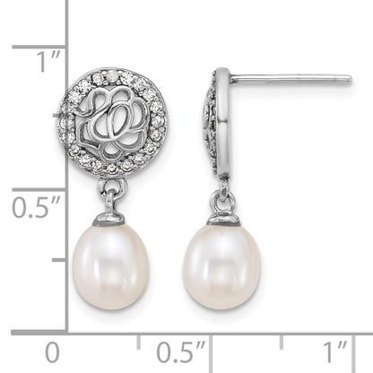 Sterling Silver Rhodium-plated 6-7mm Rice White Freshwater Cultured Pearl and CZ Dangle Post Earrings