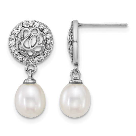 Sterling Silver Rhodium-plated 6-7mm Rice White Freshwater Cultured Pearl and CZ Dangle Post Earrings