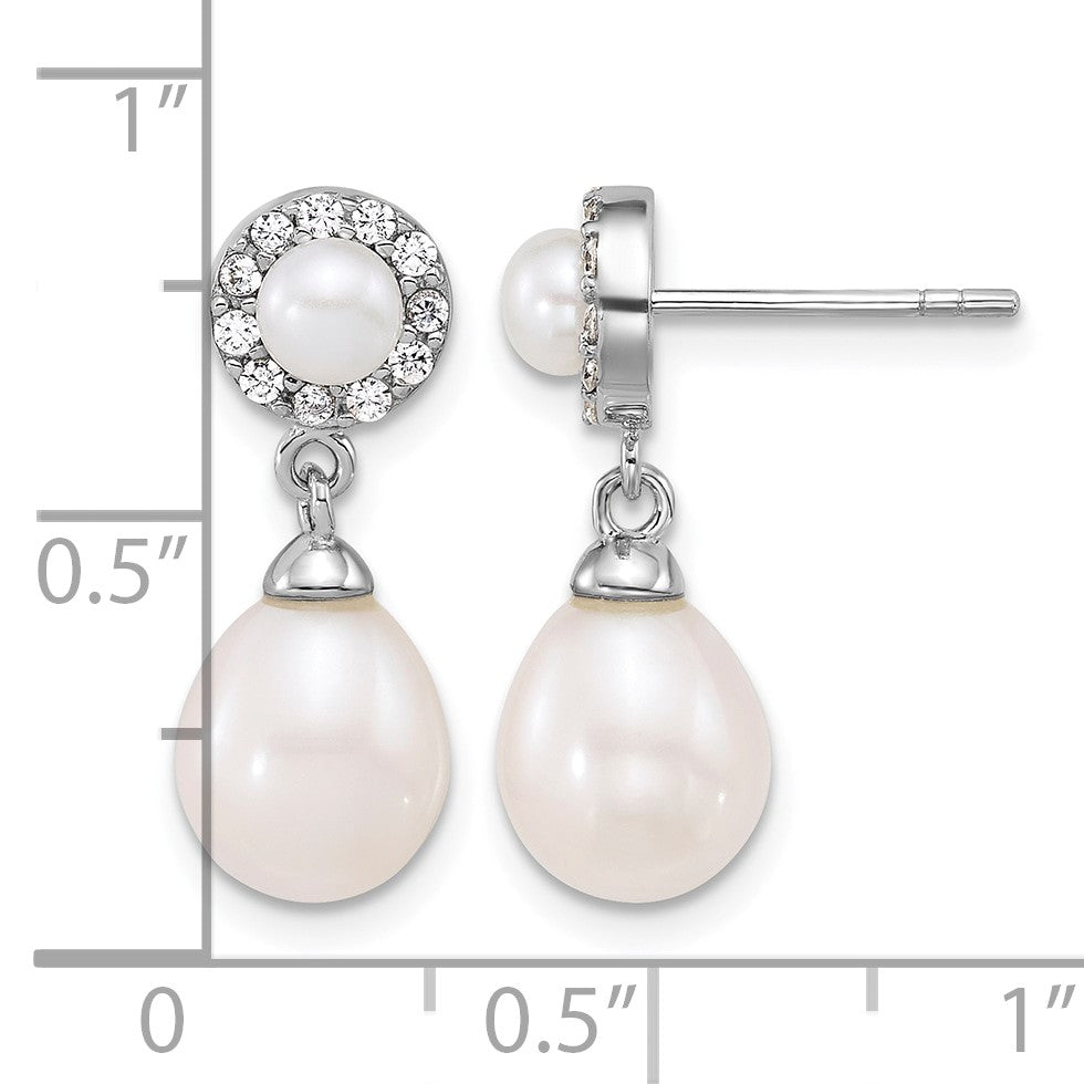 Sterling Silver Rhodium-plated 4-5mm Round and 6-8mm Teardrop Freshwater Cultured Pearl and CZ Halo Dangle Post Earrings