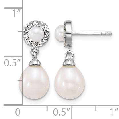 Sterling Silver Rhodium-plated 4-5mm Round and 6-8mm Teardrop Freshwater Cultured Pearl and CZ Halo Dangle Post Earrings