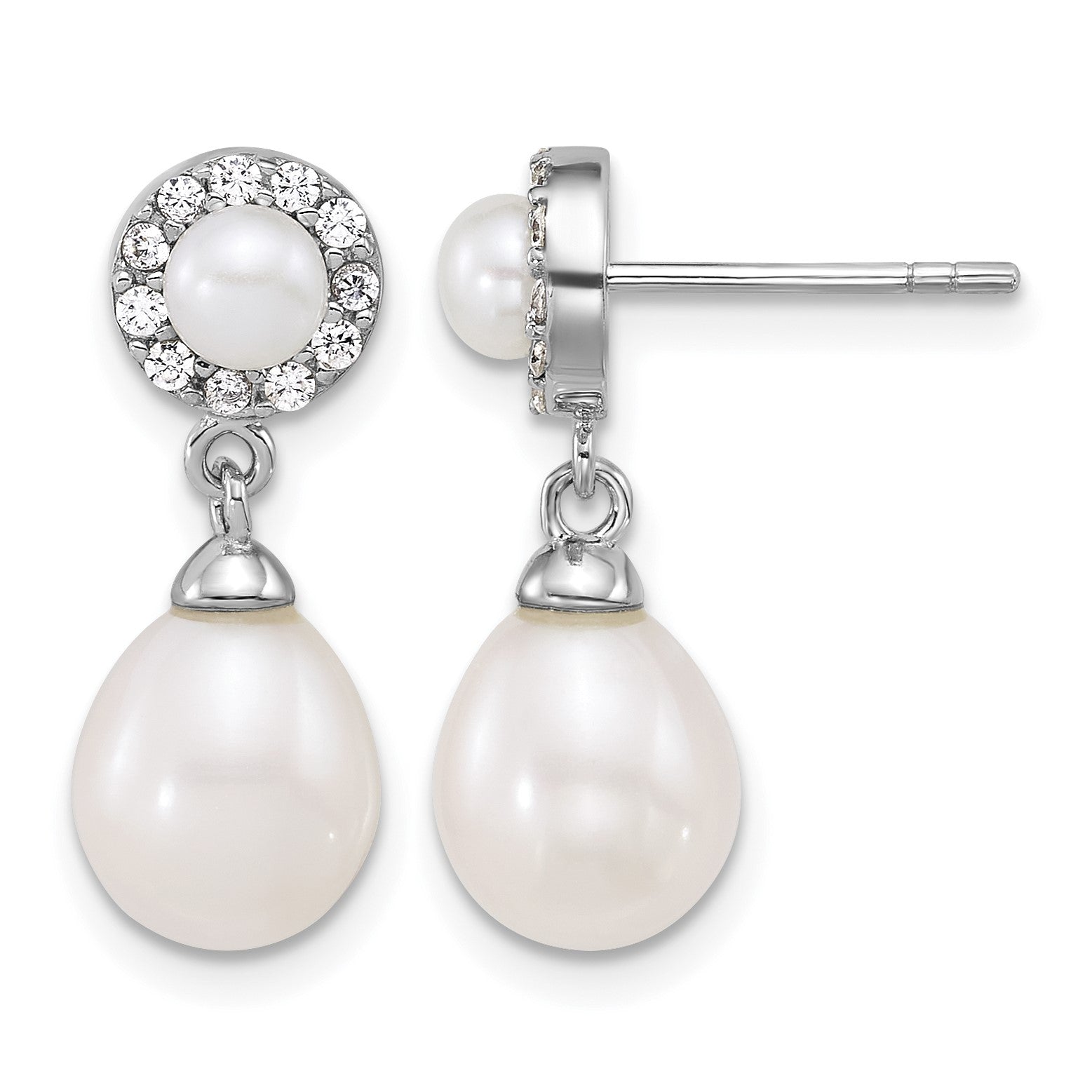 Sterling Silver Rhodium-plated 4-5mm Round and 6-8mm Teardrop Freshwater Cultured Pearl and CZ Halo Dangle Post Earrings