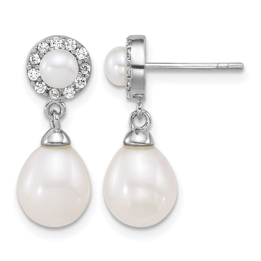 Sterling Silver Rhodium-plated 4-5mm Round and 6-8mm Teardrop Freshwater Cultured Pearl and CZ Halo Dangle Post Earrings