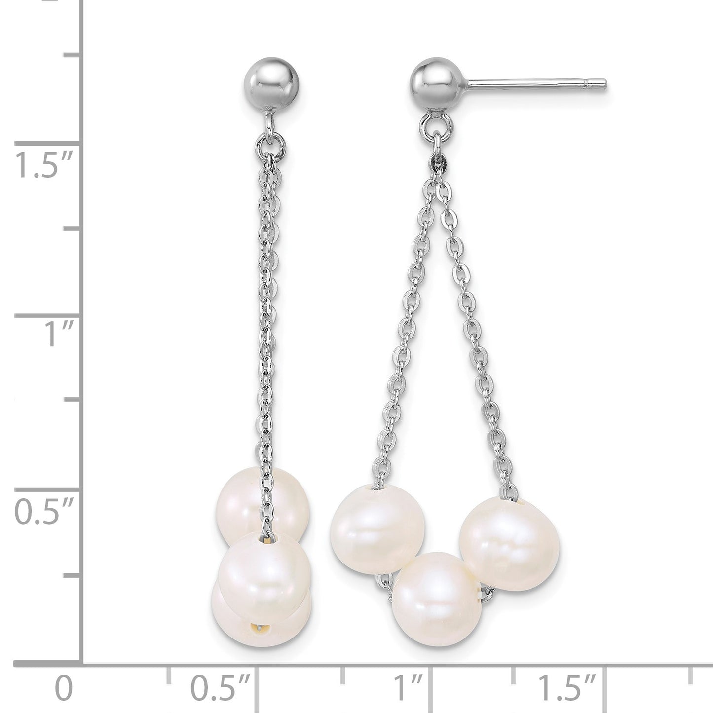 Sterling Silver Rhodium-plated 6-7mm Semi-Round White Freshwater Cultured 3-Pearl and Chain Dangle Post Earrings