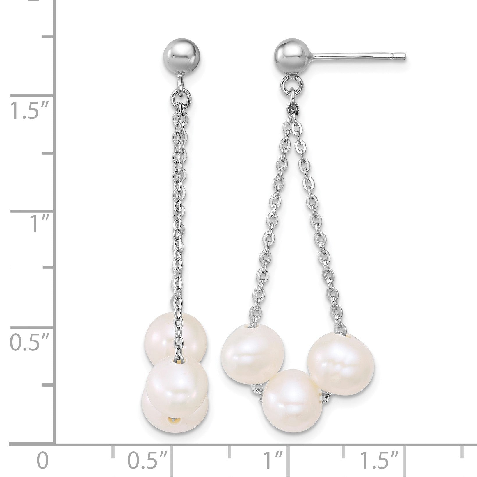 Sterling Silver Rhodium-plated 6-7mm Semi-Round White Freshwater Cultured 3-Pearl and Chain Dangle Post Earrings