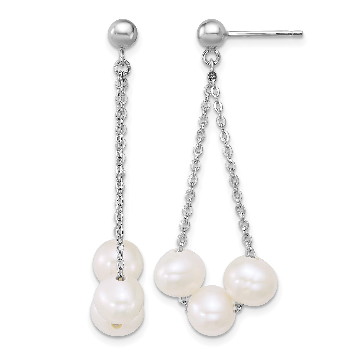 Sterling Silver Rhodium-plated 6-7mm Semi-Round White Freshwater Cultured 3-Pearl and Chain Dangle Post Earrings