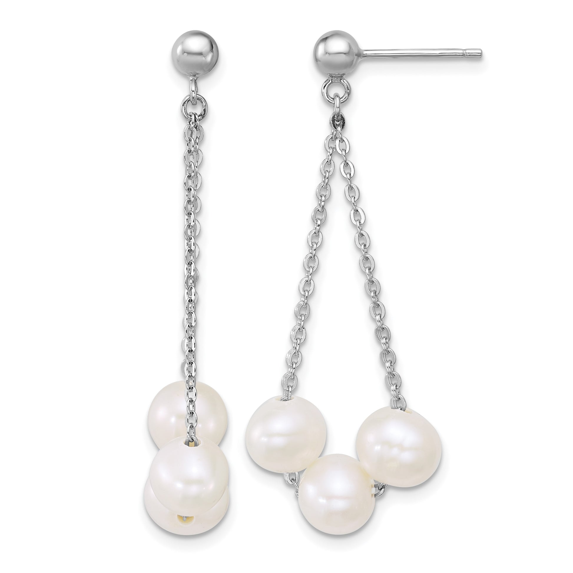 Sterling Silver Rhodium-plated 6-7mm Semi-Round White Freshwater Cultured 3-Pearl and Chain Dangle Post Earrings